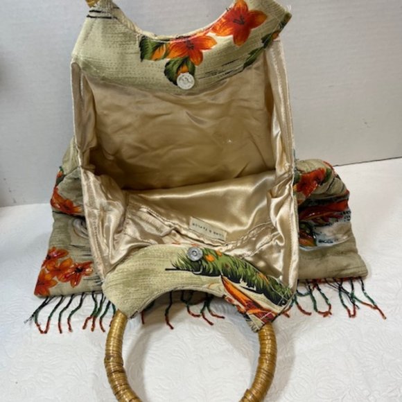 Lord & Taylor Beads Sequins Fringe Tropical Floral Handbag Top Handles - Picture 6 of 12